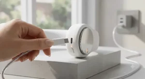 A USB-rechargeable neck fan connected to a laptop for convenient charging at a desk.
