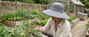 Wide-brim cooling hat providing essential UV protection for garden tasks.