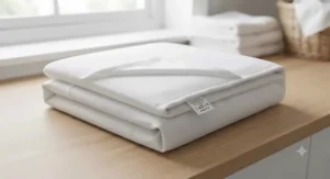 A freshly laundered cooling mattress protector being folded, demonstrating easy home machine-wash care.