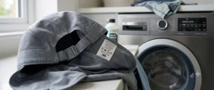 Label showing machine washable instructions for a durable cooling performance hat.