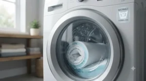 Illustration of a washing machine care symbol, highlighting that the mattress pad is machine washable.