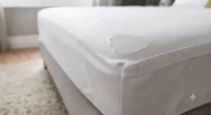 Detail of the silent, waterproof polyurethane backing on a breathable cooling mattress protector.