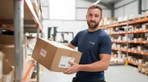 A warehouse operative wearing a lightweight cooling work shirt while lifting boxes.