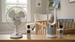 Chart comparing decibel levels showing a whisper-quiet fan suitable for a baby's bedroom. quiet fan for baby room