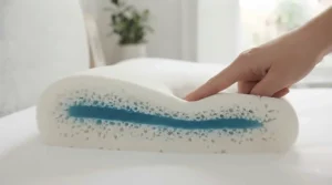 Back sleeper resting their head in the central cradle of an ergonomic cooling pillow for targeted neck and shoulder pain relief.