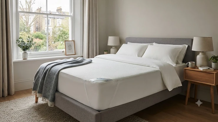 Premium bamboo cooling mattress pad on a neatly made double bed, designed for breathable comfort during warm UK nights. bamboo cooling mattress pad