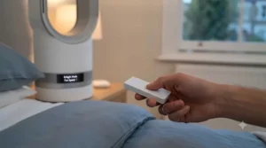 A person using a handheld remote to adjust night settings on the quietest bed fan for sleeping from the comfort of their duvet.