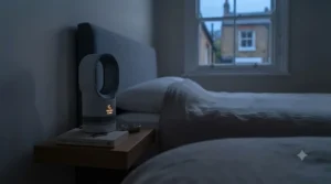 The quietest bed fan for sleeping operating in night mode with all bright LED lights turned off for a dark, undisturbed sleep environment.