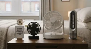 A selection of compact, affordable cooling gadgets neatly arranged to highlight value options under £40.