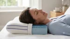 Side sleeper resting comfortably on a supportive, temperature-regulating pillow designed for neck alignment.