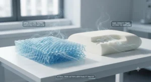 Cross-section view showing the breathable grid structure of a gel cooling pillow insert versus a solid memory foam cooling pillow.