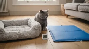 Side-by-side comparison of a traditional fluffy pet bed and a sleek blue cooling mat for cats suitable for hot weather.