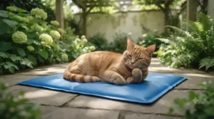 A ginger tomcat lying on a puncture-resistant cooling mat for cats set up on a shaded patio in the garden.