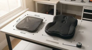 Dimension layout guide comparing the physical size of office and gaming seat cooling pads.