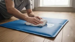 Close-up of a pet owner wiping down a waterproof cooling mat for cats with a damp cloth for easy cleaning.