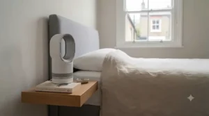 A compact quietest bed fan for sleeping neatly tucked onto a small bedside cabinet in a standard UK apartment bedroom.