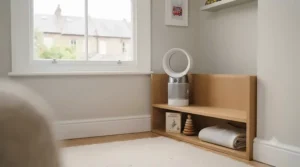 A small, compact quiet desk fan sitting safely on a shelf in a cosy baby nursery.