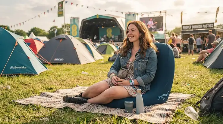 A festival-goer relaxing comfortably on an ergonomic cooling cushion at a sunny British music festival campsite. cooling cushion for festivals