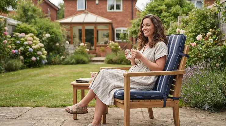 Ergonomic cooling cushion placed on a modern wooden garden chair on a British patio, designed to prevent overheating during warm summer days. cooling cushion for garden chair