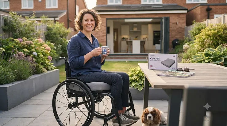 A wheelchair user sitting comfortably outdoors on a breathable cooling cushion designed to prevent overheating. cooling cushion for wheelchair users