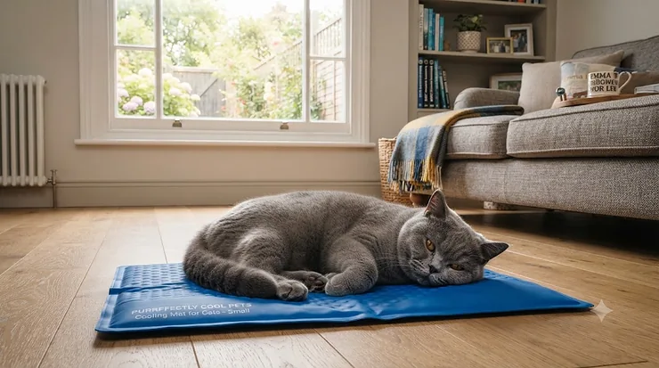 A British Shorthair cat relaxing comfortably on a blue gel cooling mat for cats during a warm summer day in a living room. cooling mat for cats