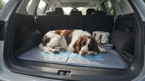 Spaniel resting on a puncture-resistant cooling mat for dogs placed inside the boot of a family hatchback for summer travel.