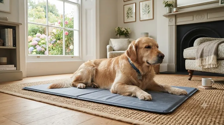 Golden Retriever relaxing comfortably on a blue cooling mat for dogs on a living room rug during a warm British summer day. cooling mat for dogs
