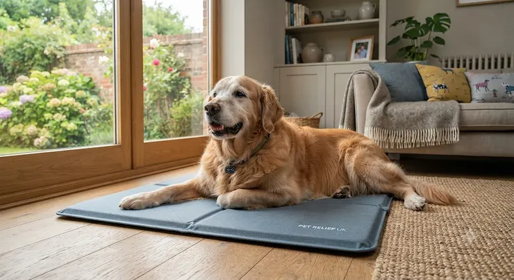 Golden Retriever relaxing on a supportive cooling mat for dogs with arthritis in a modern British living room. cooling mat for dogs with arthritis