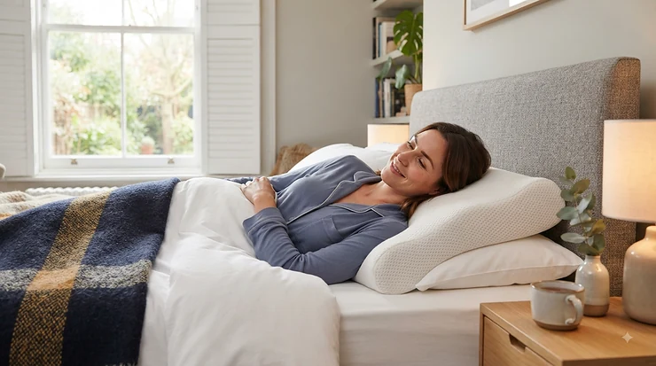 A supportive cooling memory foam pillow for neck pain placed neatly on a modern British bed with crisp white cotton bedding. cooling memory foam pillow for neck pain