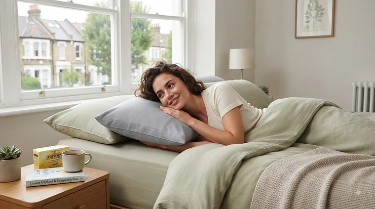 A luxury cooling pillowcase on a freshly made bed in a contemporary bedroom, designed to help regulate temperature during warm summer nights.