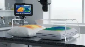 Infographic chart demonstrating how cooling pillow technology disperses heat compared to standard polyester pillows.