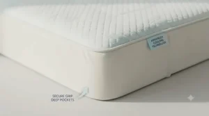 Deep elasticated skirt securing a bamboo cooling mattress pad firmly to a standard UK mattress.