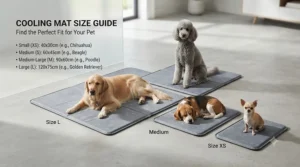 Infographic showing different sizes of dog cooling mats suitable for small, medium, and large breeds resting indoors.