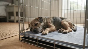 Small terrier sleeping peacefully on a thin cooling mat for dogs fitted inside a wire pet crate.
