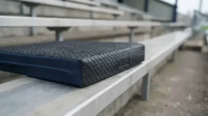 Close-up of a rubberised non-slip base on a portable stadium cushion gripping securely onto a slippery aluminum stadium bench.