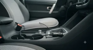 A detailed, close-up photograph focusing on the attachment system of the charcoal grey mesh cooling car seat cushion from image_0.png. The image clearly shows the durable, dark grey elastic strap and a robust, quick-release plastic buckle securing the cushion firmly around the base of the car seat. A second, similar strap is visible wrapping around the lower part of the seat backrest. The textured weave of the mesh cushion and the darker car seat fabric are sharply in focus. The lighting is natural and diffused, highlighting the materials and the robust nature of the fittings.