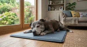 Elderly Staffordshire Bull Terrier resting comfortably on a breathable cooling bed during a warm British summer day.