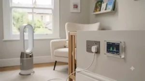 Energy-saving quiet fan plugged in next to a baby cot during a warm summer evening.