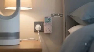 An energy-efficient quietest bed fan for sleeping plugged into a UK wall socket, showcasing low electricity usage during hot weather.