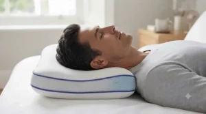 Back sleeper enjoying optimal head and neck support on a contour-shaped cooling pillow.