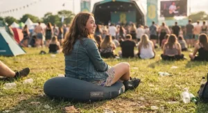 An ergonomic cooling mat providing lower back and seat support while sitting on hard ground during a live music concert.