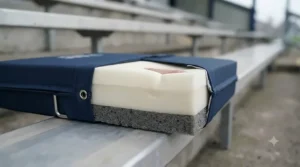 Cross-section comparison highlighting high-density memory foam thickness in a premium bleacher cushion versus standard foam pads.