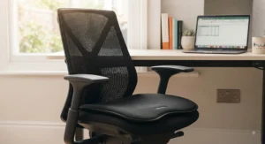 Sleek mesh office chair cooling pad designed for prolonged desk work and posture support.