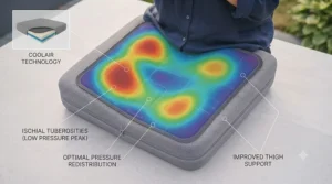 Side-profile graphic showing optimal pressure distribution and posture support on a wheelchair cooling seat.