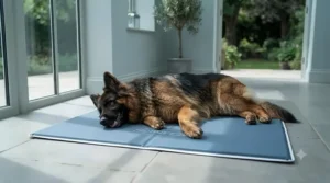 Extra-large dog cooling mat providing ample space for a fully grown German Shepherd to stretch out.