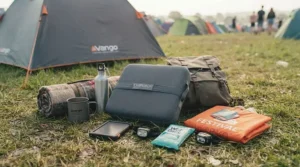 A collection of British festival camping essentials featuring a foldable cooling cushion alongside a tent and water bottle.