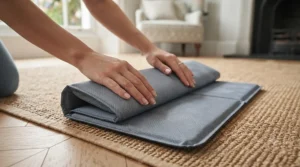 Hands neatly folding a lightweight, portable cooling mat for dogs ready for compact storage or travel.