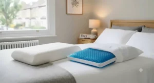Side-by-side comparison of a gel cooling pillow insert and a memory foam cooling pillow on a neatly made bed, highlighting temperature-regulating features for hot sleepers.