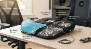 Internal view showing self-cooling gel layers compared to USB-powered fan mechanisms inside a gaming chair cushion.