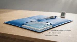 Diagram showing pressure-activated cooling technology inside a cat cooling mat, helping keep pets comfortable without electricity or refrigeration.